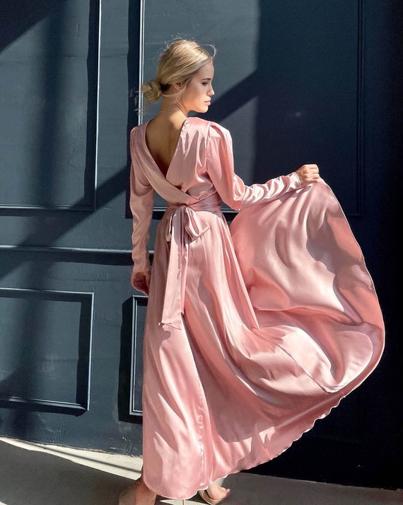 Long Sleeve Pastel Pink Dress, Pink Slip Dress, Silk Midi Dress