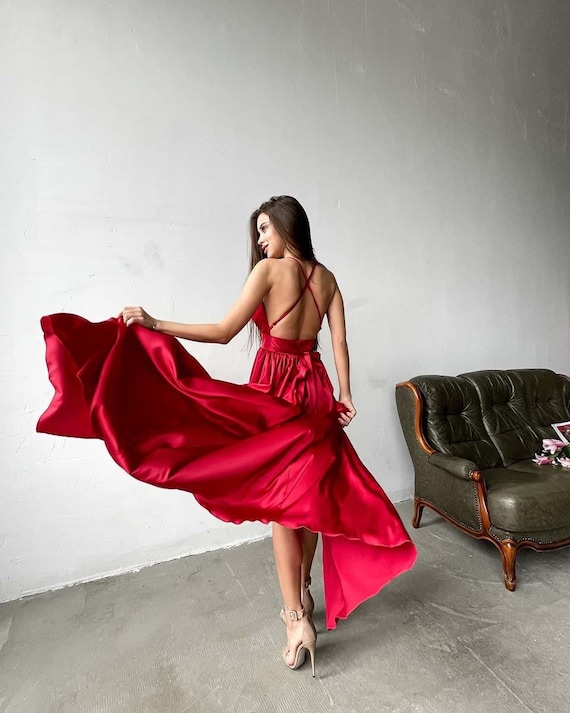 Wine Red Dress Maxi, Red Silk Dress, Red Tied Back Dress, Red Dress With  Slit, Dark Red Maxi Dress, Sleeveless Red Dress, High Slit Dress 