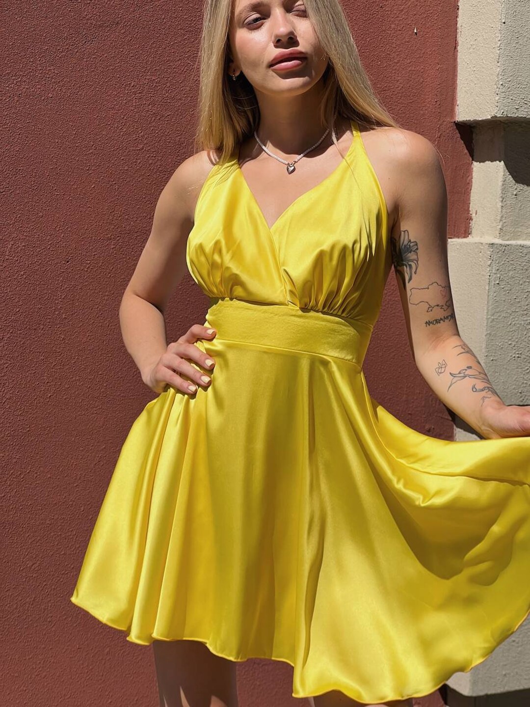 Yellow Silk Sleeveless Dress, Backless Summer Dresses, Yellow Silk Mini  Dress, Yellow Full Skirt Dress, Silk Mini Dress, Satin Yellow Dress