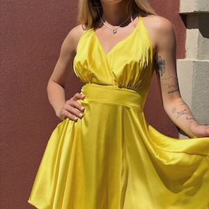 Yellow Silk Sleeveless Dress, Backless Summer Dresses, Yellow Silk Mini Dress, Yellow Full Skirt Dress, Silk Mini Dress, Satin Yellow Dress