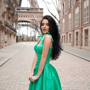 Mini Emerald Green Dress, Satin Green Mini Dress, Corset Mini Dress,Emerald Green Full Circle Dress, Emerald Green Mini Dress With Straps, image 3