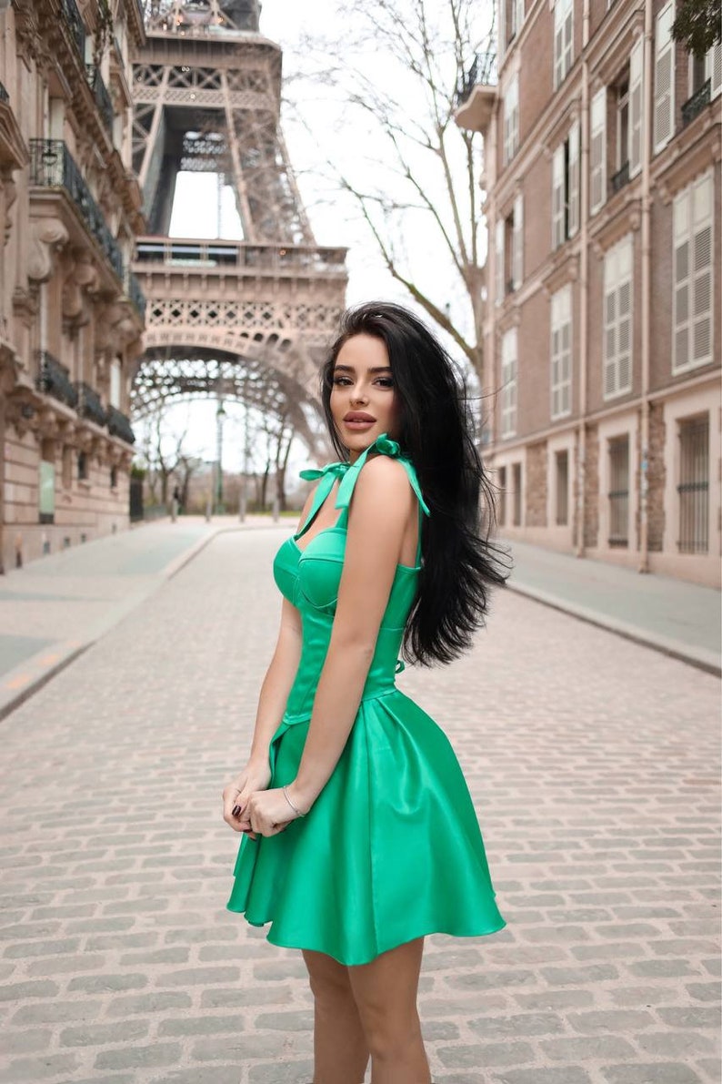 Mini Emerald Green Dress, Satin Green Mini Dress, Corset Mini Dress,Emerald Green Full Circle Dress, Emerald Green Mini Dress With Straps, image 3