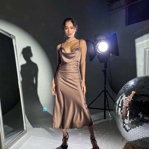 Coffee Cowl Neck Silk Dress, Cowl Neck Slip, Brown Cowl Neck Dress, Satin Slip Dress Midi, Brown Satin Cowl Neck Dress, Brown Cami Dress