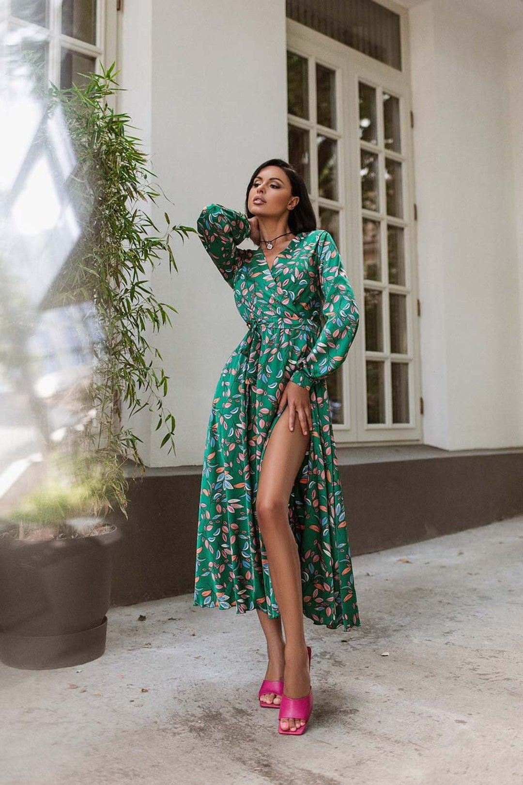 Floral Slip Dress With Slit, Green Summer Dress, Silk Midi Dress