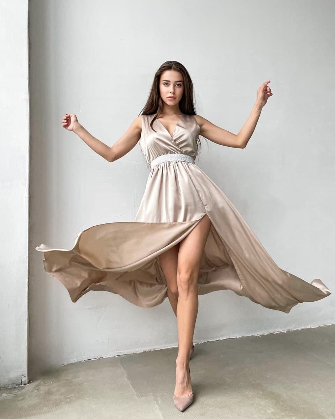 Beige Slit Dress, Silk Beige Dress, Sparkly Belt Dress Beige