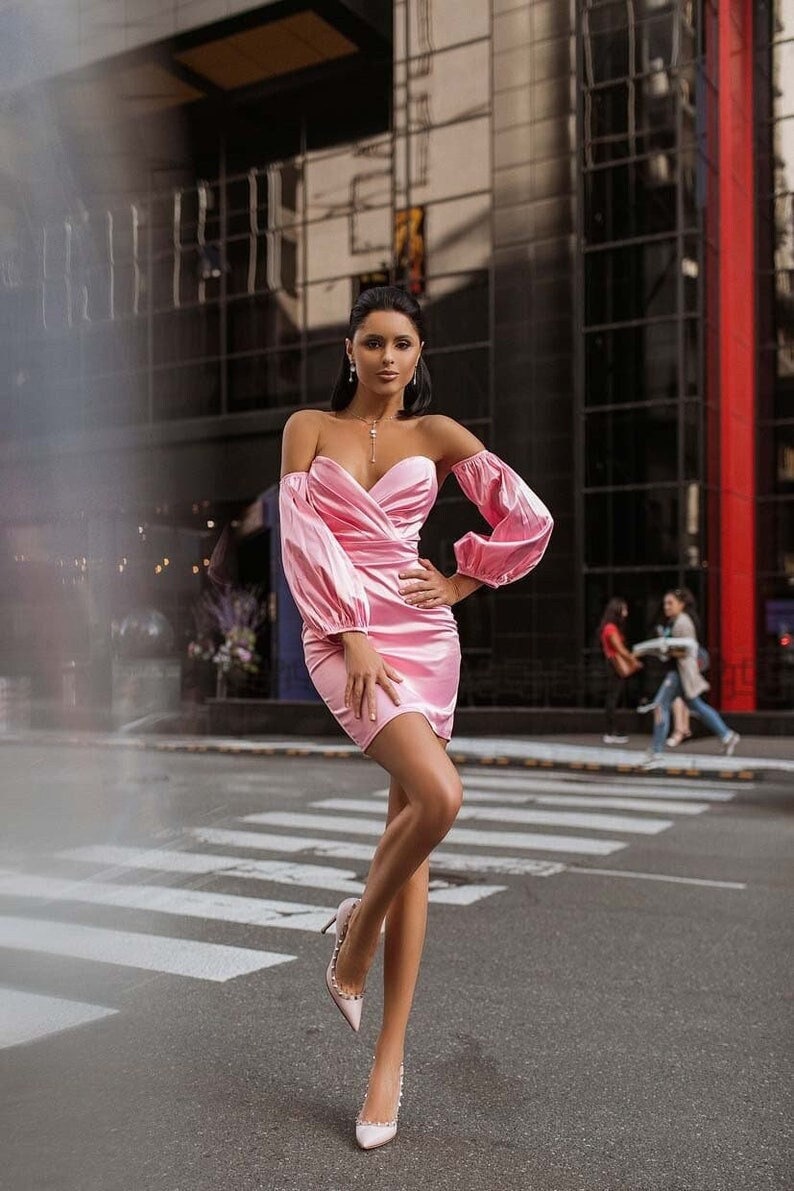 Pink Satin Dress, Pink Mini Dress, Pink Back Corset Dress