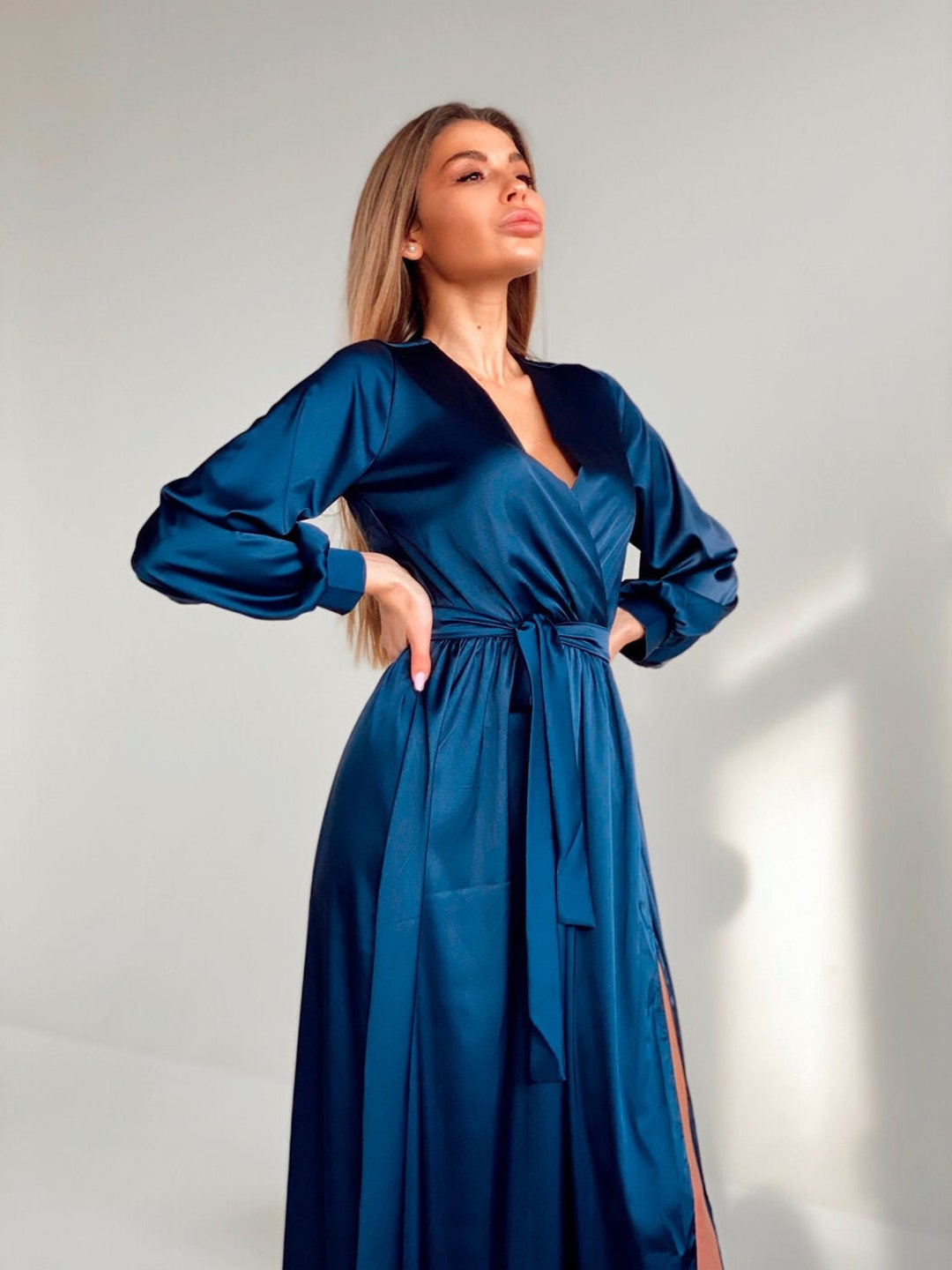 Buy Dark Blue Wrap Dress With Slit, Silk Wrap Dress, Long Sleeve Dress,  Maxi Wrap Dress, Dress With Long Puff Sleeves Belt, Wrap Wedding Dress