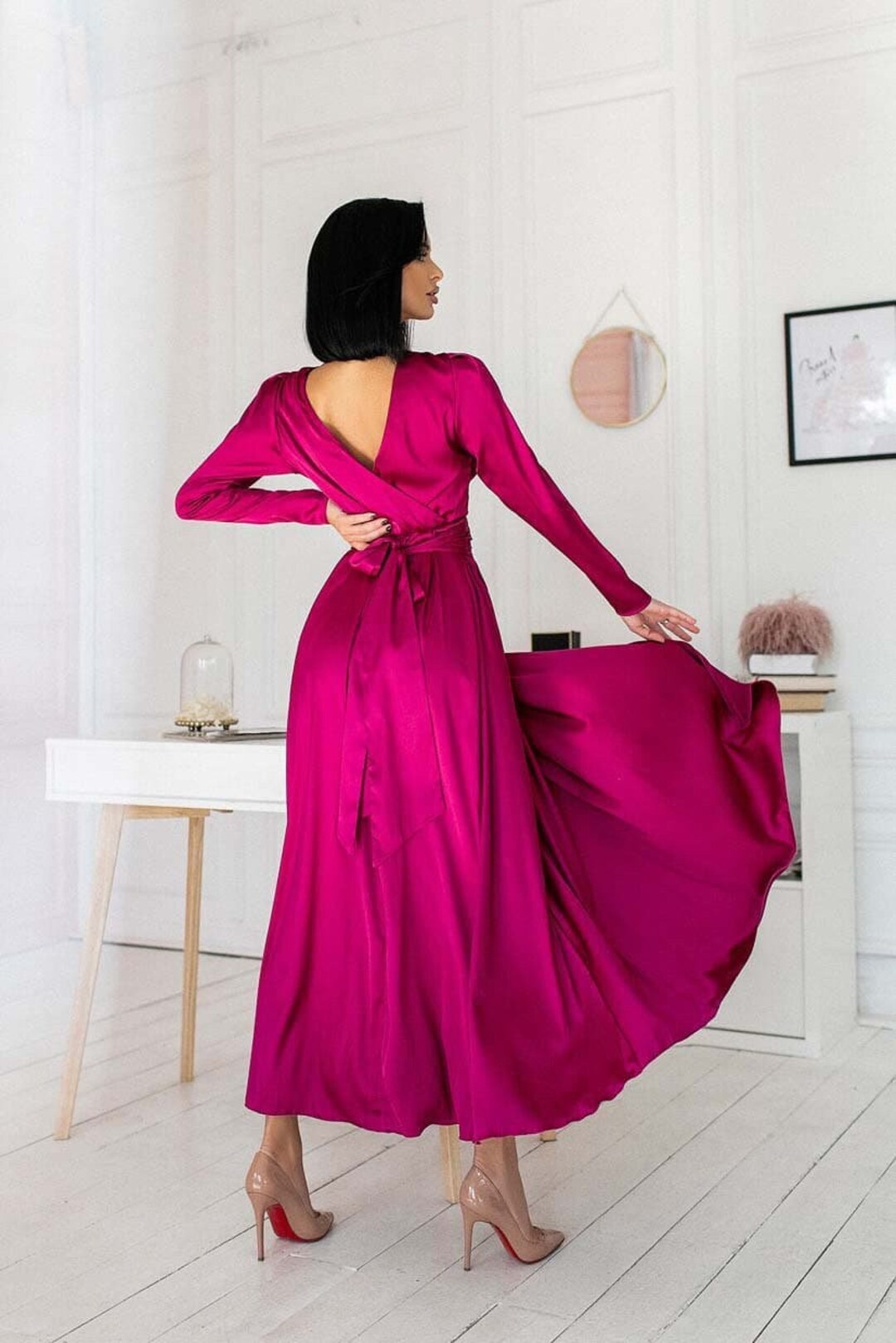 Fuchsia V Neck Back Dress, Fuchsia Silk Dress, Wedding Guest Dress ...