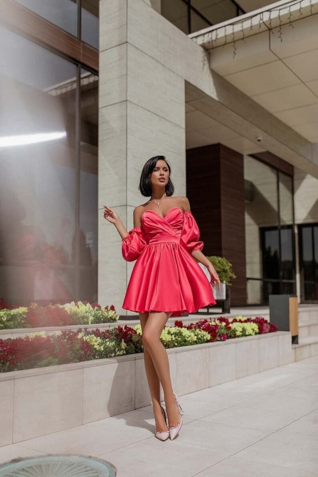 Red Satin Dress, Red Flared Dress, Short Flowy Dress, Red Swing