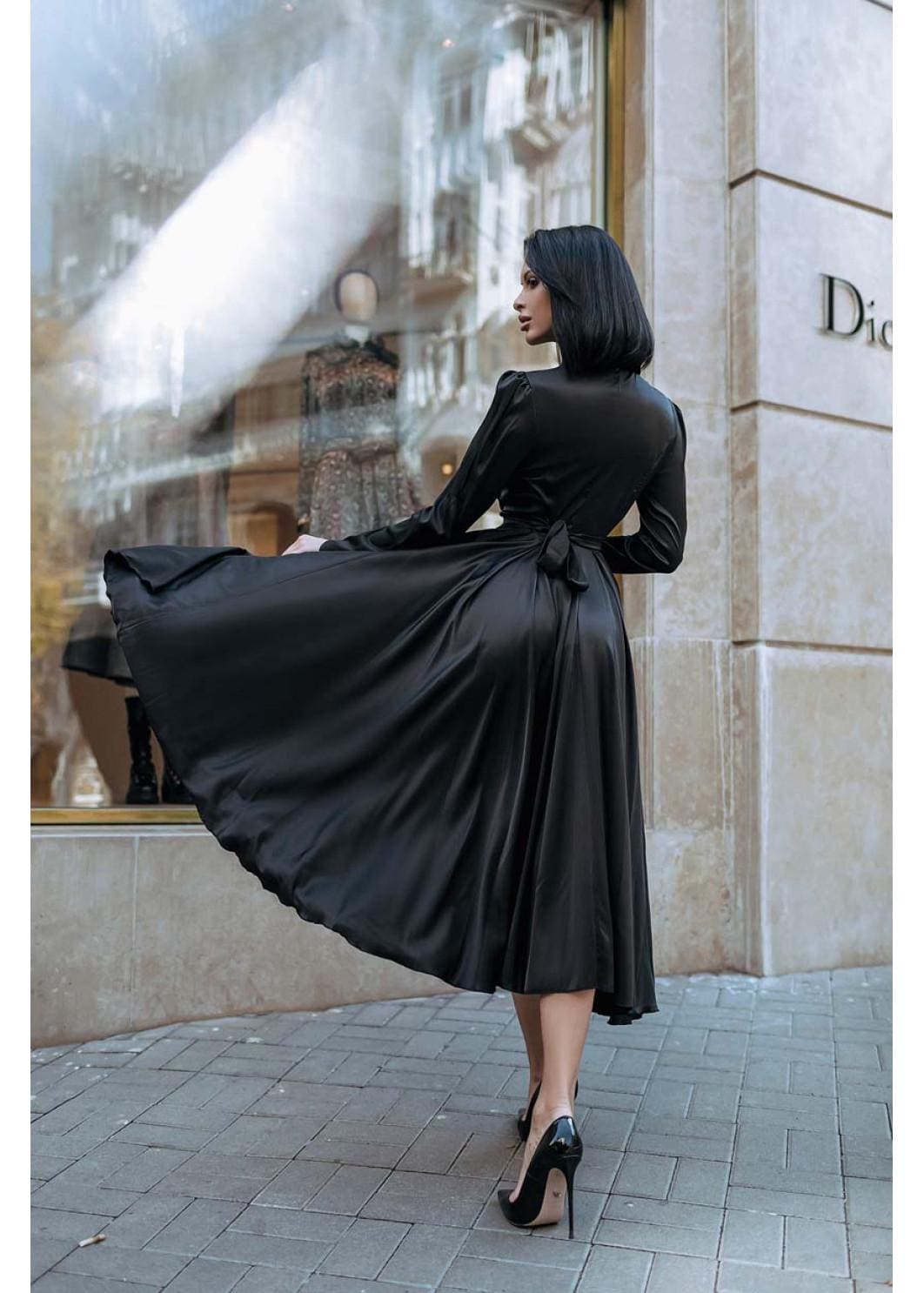 Black Midi Wrap Dress, Black Long Sleeve Women's Dress, Silk Cocktail ...
