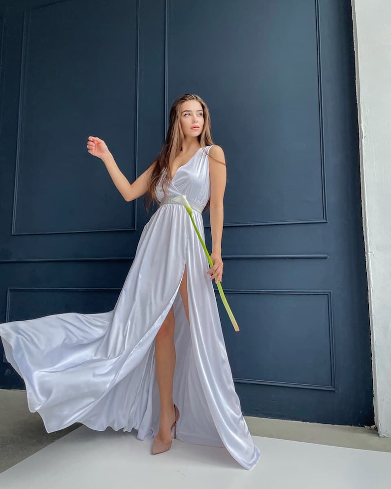 White Silk Dress Side Slit Dress Rhinestone Belt White Etsy