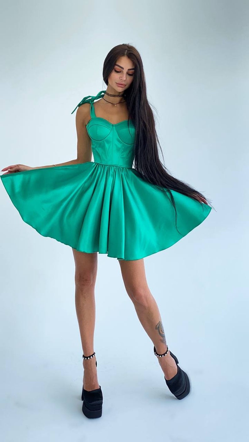 Mini Emerald Green Dress, Satin Green Mini Dress, Corset Mini Dress,Emerald Green Full Circle Dress, Emerald Green Mini Dress With Straps, image 7