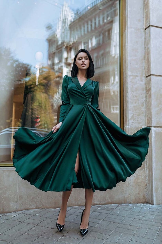 Emerald Green Silk Dress With Full Circle Skirt, Emerald Green