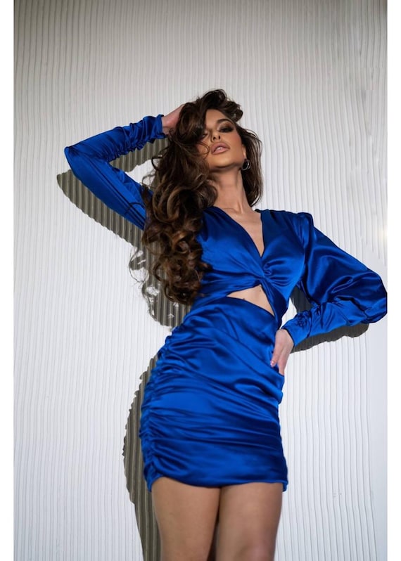 Electric Blue Wedding Guest Dress Electric Blue Silk Mini Dress Long Sleeve Mini Dress Birthday Girl Dress Silk V Neck Dress Etsy UK
