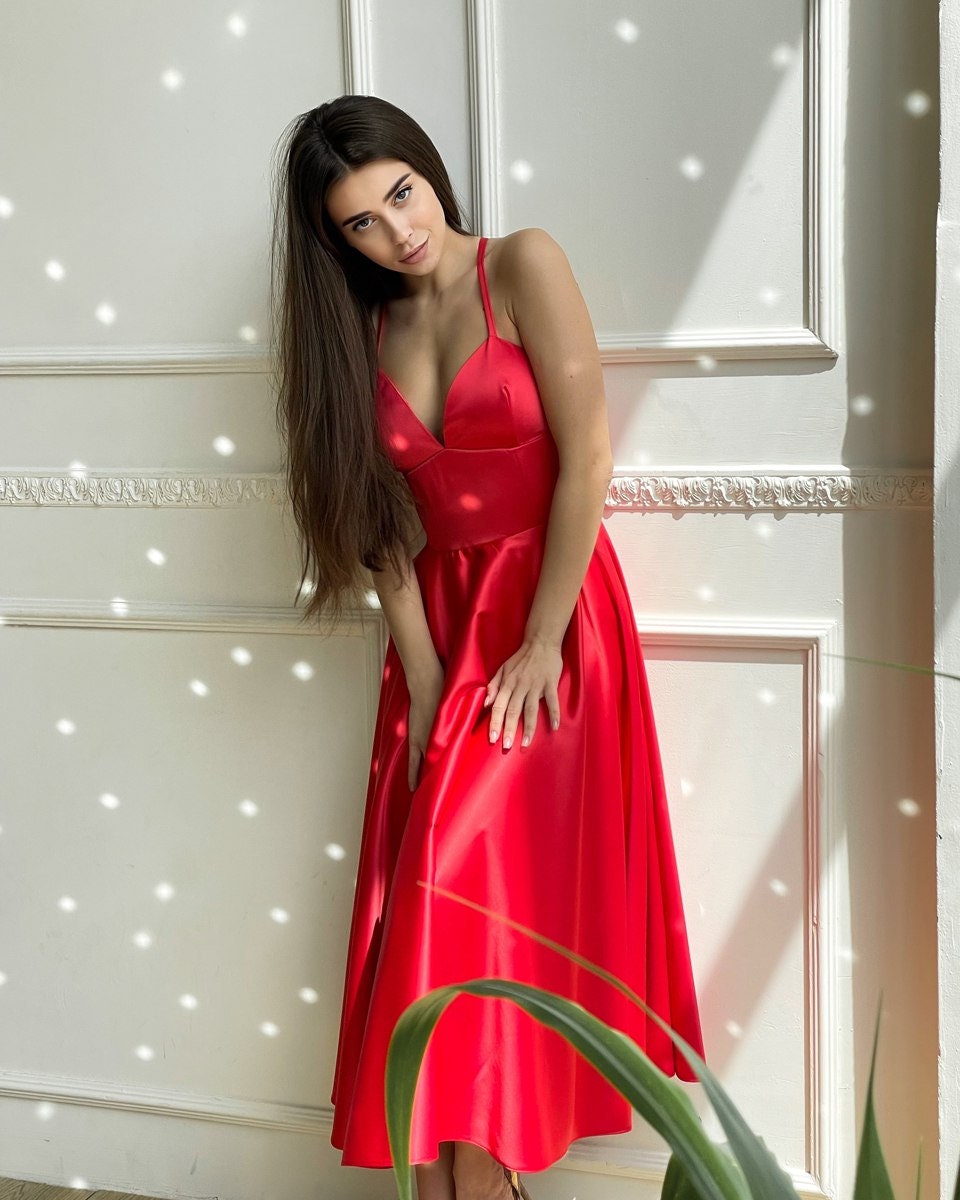 Red Prom Dress, Bustier Dress Midi, Dress With Straps, Red Flared Dress ...