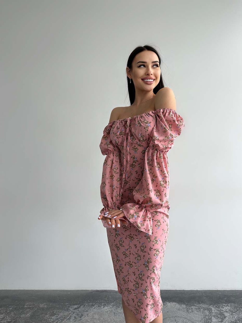 Rosa Pink and White Floral Printed Off-Shoulder Midi Dress main image 1