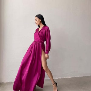 Fuchsia Wrap Dress, Silk Dress With Long Puff Sleeves, Fuchsia Dress with  Slit, Fuchsia Long Robe Dress, Long Sleeve Dress, Bridesmaid Dress