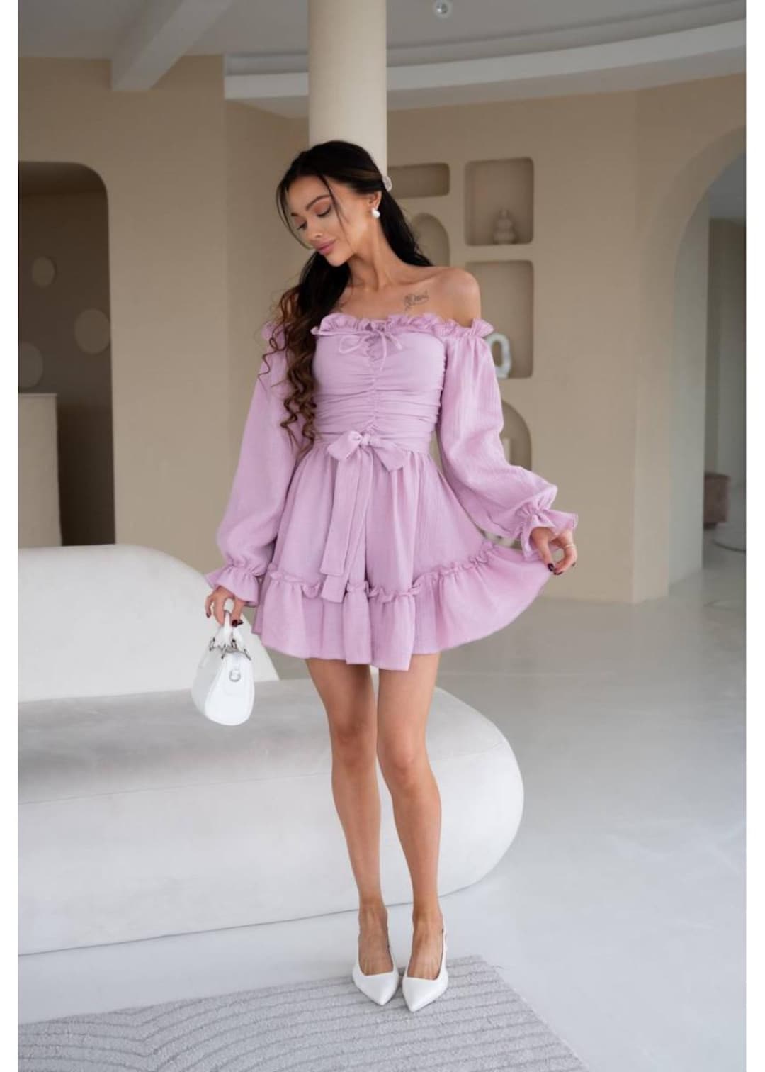 Cotton Lilac Open Back Dress, Lilac Long Sleeve Women's Dress, Cotton Mini  Dress, Lilac Summer Party Dress, Wedding Guest Dress