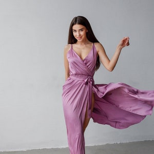 Powder Flared Dress, Silk Midi Dress, Wrap Bridesmaid Dress, Birthday Party Dress, Midi Dress Sleeveless, High Slit Dress, Silk Bridal Dress