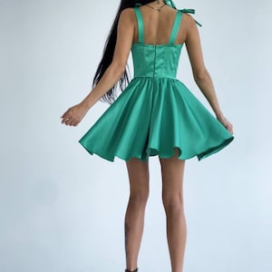 Mini Emerald Green Dress, Satin Green Mini Dress, Corset Mini Dress,Emerald Green Full Circle Dress, Emerald Green Mini Dress With Straps, image 8