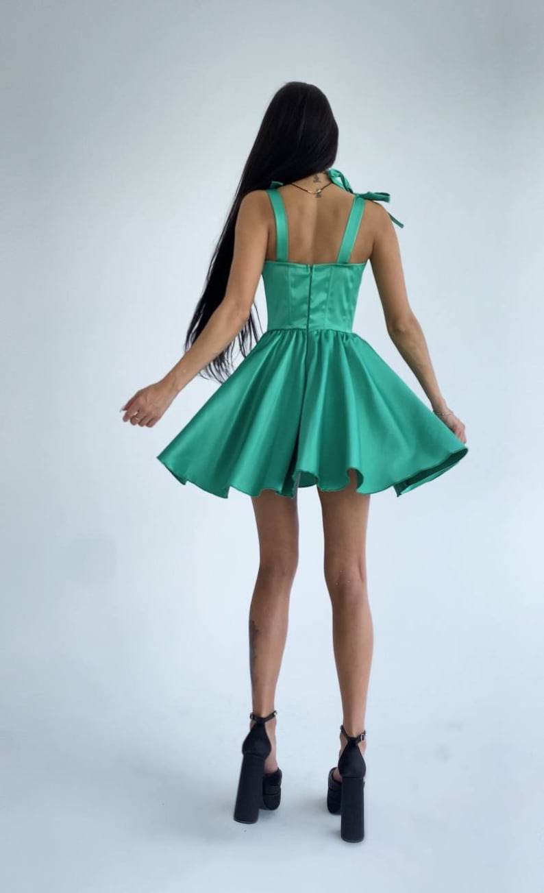 Mini Emerald Green Dress, Satin Green Mini Dress, Corset Mini Dress,Emerald Green Full Circle Dress, Emerald Green Mini Dress With Straps, image 8