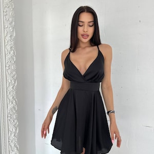 Satin Black Dress, Silk Dress With Bow In The Back, Backless Summer Dresses, Black Silk Mini Dress, Open Back Dress, Sleeveless Dress, Party