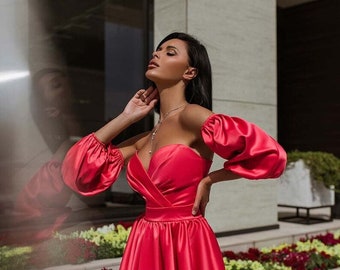 Red Satin Dress, Red Flared Dress, Short Flowy Dress, Red Swing