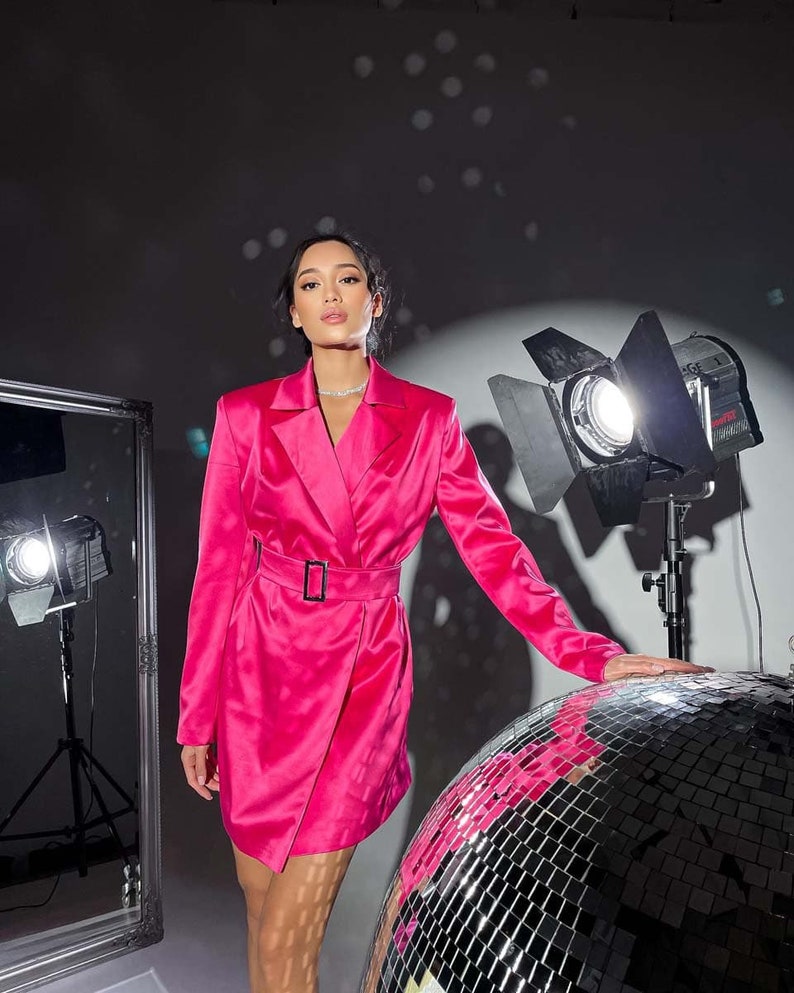 Women's Pink Satin Suit Jacket Pink Satin Long Blazer Etsy