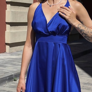 Cobalt Blue Silk Dress, Royal Blue Silk Sleeveless Dress, Silk Mini Dress, Blue Open Back Dress, Silk Mini Dress With Lush Skirt,Party Dress
