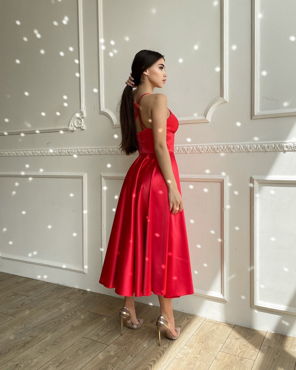Red Prom Dress, Bustier Dress Midi, Dress With Straps, Red Flared Dress ...