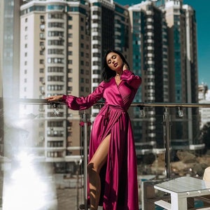 Fuchsia Wrap Dress, Silk Wrapped Dress, Silk Slip Dress Slit, High Slit  Dress, Midi Long Sleeves Dress, Dress With Side Slit, Flowy Dress - Etsy