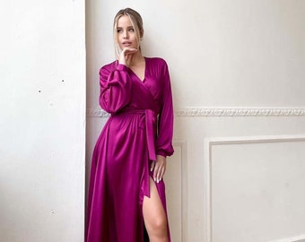 Fuchsia Midi Wickelkleid, Seiden Ausgestelltes Kleid, Cocktailkleid für besondere Anlässe, Abend Schlitz Kleid, V Ausschnitt Fließendes Kleid mit Langen Ärmeln