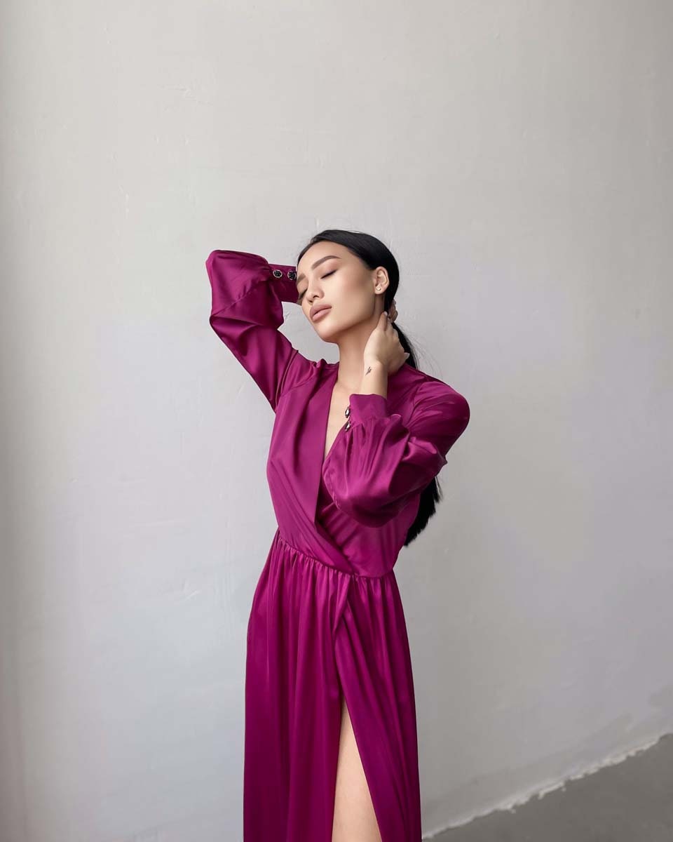 Fuchsia Wrap Dress, Silk Dress With Long Puff Sleeves