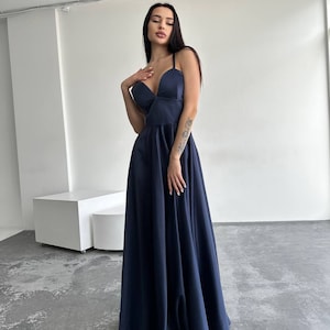 Satin Navy Blue Dress, Dark Blue Slit Dress, Navy Blue Prom Dress, Navy Blue Evening Dress, Dark Blue Maxi Dress, Dark Blue Dress With Strap image 9