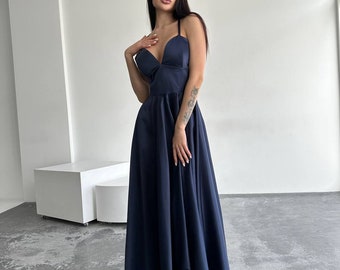 Satin Navy Blue Dress, Dark Blue Slit Dress, Navy Blue Prom Dress