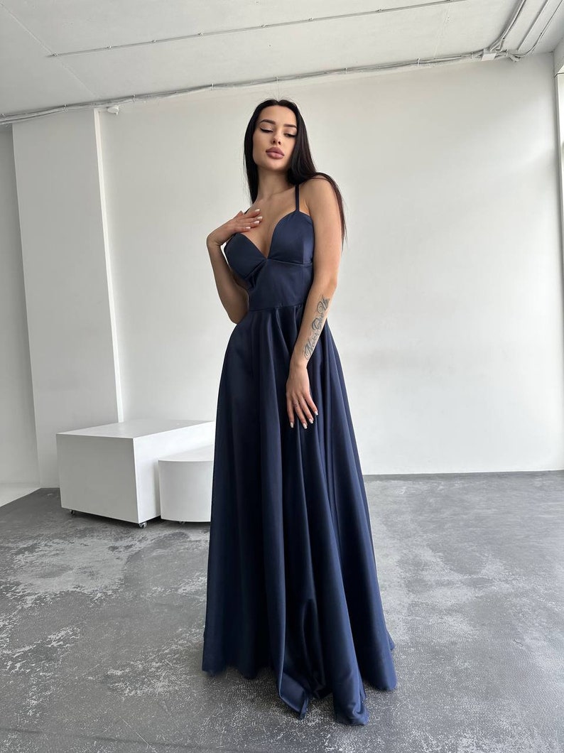 Satin Navy Blue Dress, Dark Blue Slit Dress, Navy Blue Prom Dress, Navy Blue Evening Dress, Dark Blue Maxi Dress, Dark Blue Dress With Strap image 9