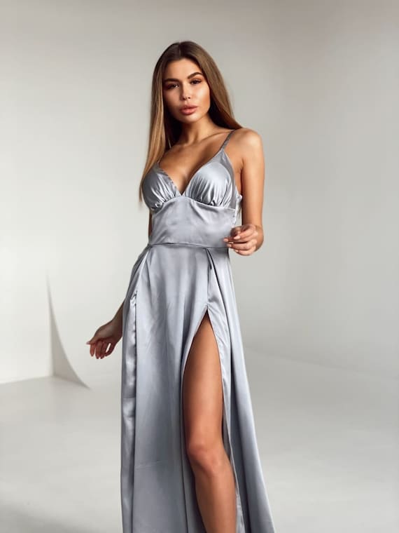 Grey Double Slit Dress, Grey Silk Dress, Floor Length Maxi Dress