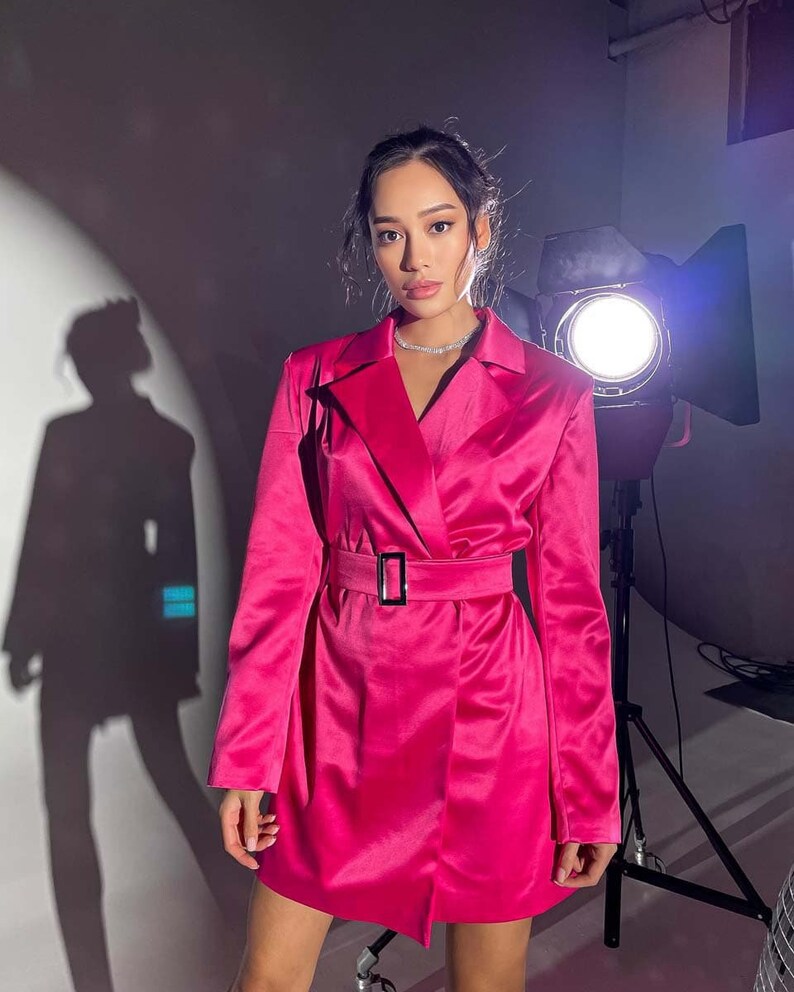 Women's Pink Satin Suit Jacket Pink Satin Long Blazer Etsy