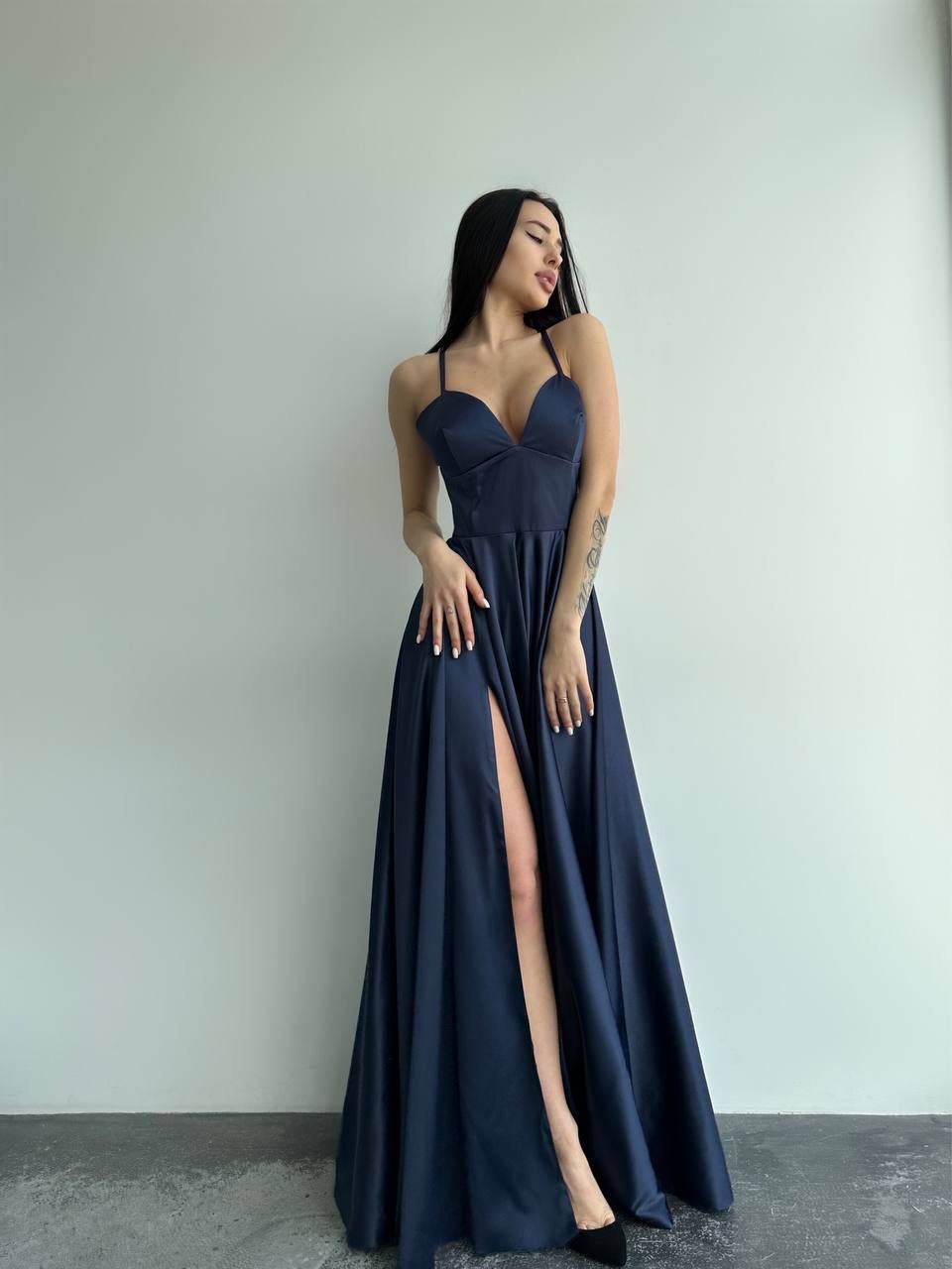 Satin Navy Blue Dress, Dark Blue Slit Dress, Navy Blue Prom Dress