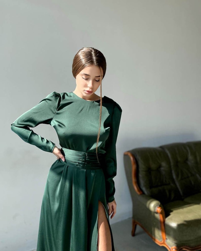 Emerald Green Silk Slip Dress Emerald Silk Slit Dress Etsy