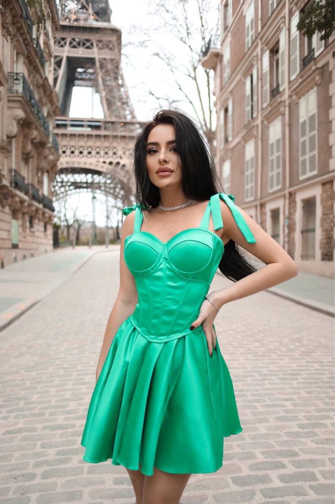 Mini Emerald Green Dress, Satin Green Mini Dress, Corset Mini Dress ...