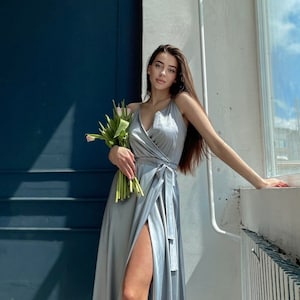 Grey V-neck Dress, Silk Slip Slit Dress, Wrap Bridesmaid Dress, Wedding Guest Dress, Midi Dress Sleeveless, Silk Flared Dress, Belted Dress - Etsy Grey V-neck Dress, Silk Slip Slit Dress, Wrap Bridesmaid Dress, Wedding Guest Dress, Midi Dress Sleeveless, Silk Flared Dress, Belted Dress - Etsy