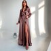 Handmade Coffee Graphic Silk Maxi Dress Short Sleeve