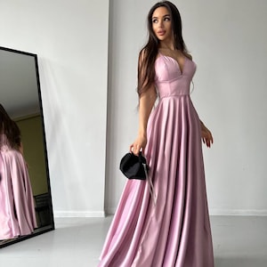 Soft Pink Satin Dress, Soft Pink Slit Dress, Pink Bridesmaid Dress, Wedding Dress For Guests, Soft Pink Maxi Dress, Satin Pink Evening Dress