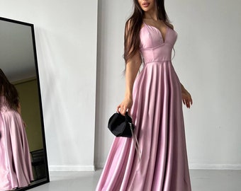 Soft Pink Satin Dress, Soft Pink Slit Dress, Pink Bridesmaid Dress, Wedding Dress For Guests, Soft Pink Maxi Dress, Satin Pink Evening Dress