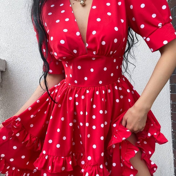 Robe évasée rouge à pois, robe à pois, robe de cocktail rouge, robe d'été rouge, mini robe à pois, robe à manches courtes, robe jupe complète