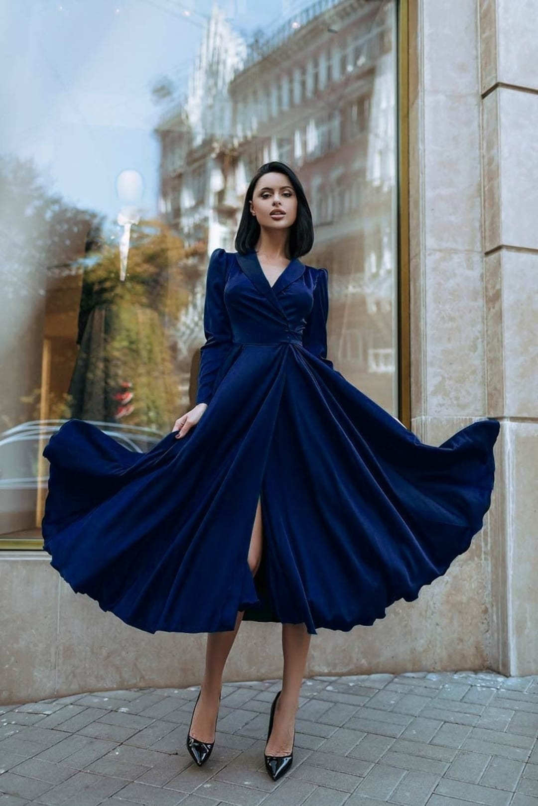 Dark Blue Swing Cocktail Dress, Fit and Flare Midi Dress Dark Blue Swing Cocktail Dress, Fit and Flare Midi Dress