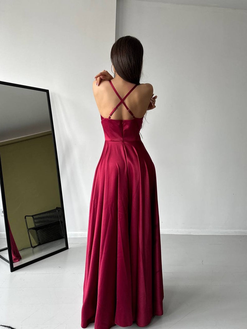 Burgundy Prom Dress, Burgundy Evening Dress, Burgundy Satin Dress