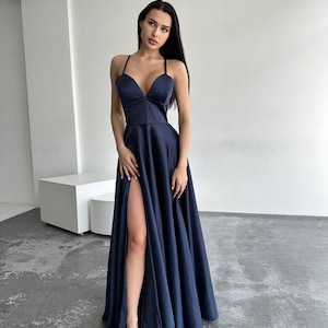 Satin Navy Blue Dress, Dark Blue Slit Dress, Navy Blue Prom Dress, Navy Blue Evening Dress, Dark Blue Maxi Dress, Dark Blue Dress With Strap image 1