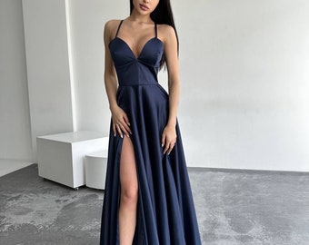 Satin Navy Blue Dress, Dark Blue Slit Dress, Navy Blue Prom Dress, Navy Blue Evening Dress, Dark Blue Maxi Dress, Dark Blue Dress With Strap